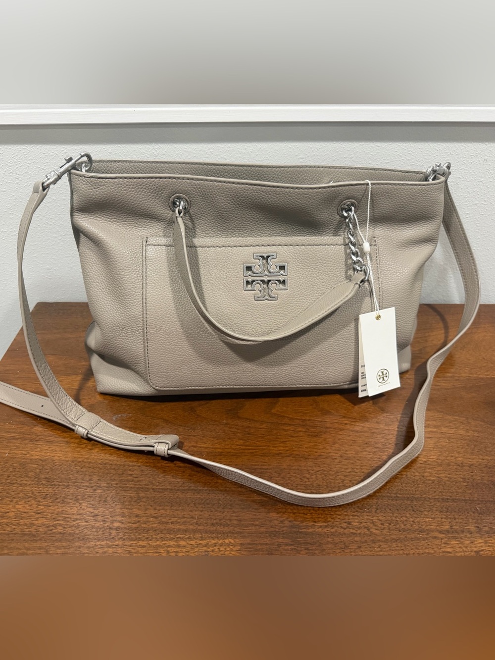 Tory Burch Pebbled Leather Shoulder Tote in Light Taupe